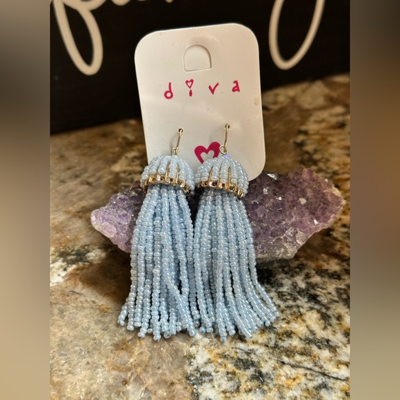 Diva Jewelry - Gold Blue Bead Tassel Dangle Earrings